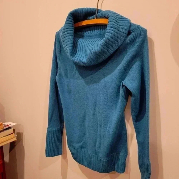Womans Teal Cowl Turtleneck Sweater Fine  Knit M - Picture 1 of 12